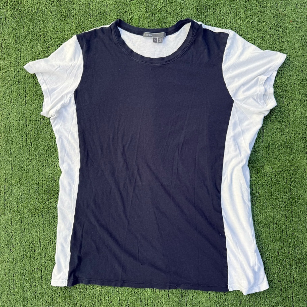 Vince Pima cotton color block navy and White Top, size L